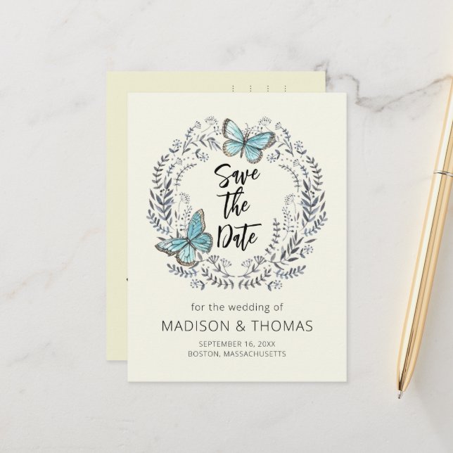 Greenery Wreath Butterfly Wedding Save The Date Announcement Postcard (Front/Back In Situ)