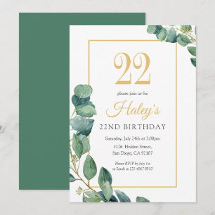 Greenery Wreath Chic Gold & Sage 22nd Birthday Invitation