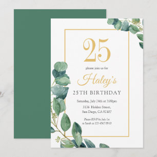 Greenery Wreath Chic Gold & Sage 25th Birthday Invitation