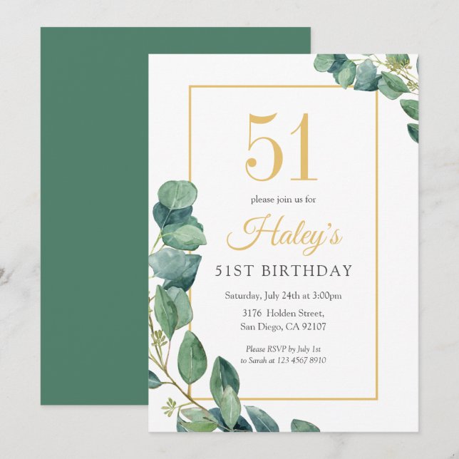 Greenery Wreath Chic Gold & Sage 51ST Birthday Invitation (Front/Back)