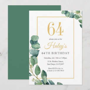 Greenery Wreath Chic Gold & Sage 64TH Birthday Invitation