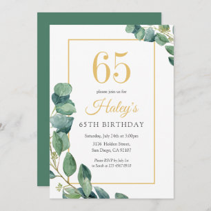 Greenery Wreath Chic Gold & Sage 65TH Birthday Invitation