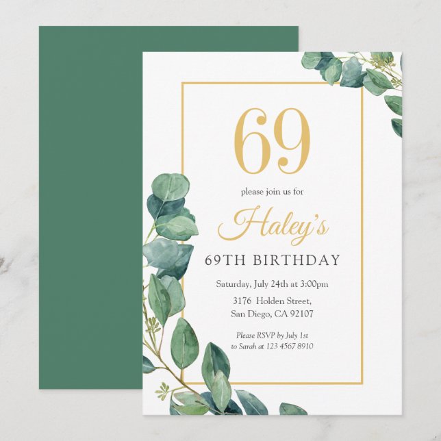 Greenery Wreath Chic Gold & Sage 69TH Birthday Invitation (Front/Back)