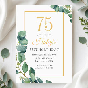 Greenery Wreath Chic Gold & Sage 75TH Birthday Invitation