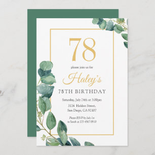Greenery Wreath Chic Gold & Sage 78TH Birthday Invitation