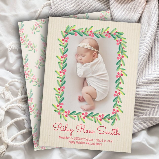 Greenery Wreath Christmas Photo Birth Announcement (Creator Uploaded)