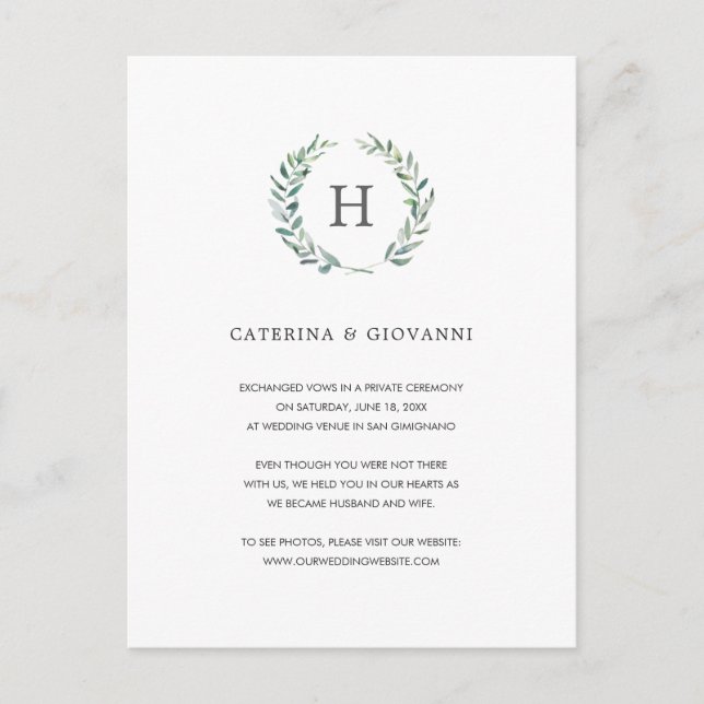 Greenery Wreath Elegant Monogram Elopement Wedding Announcement Postcard (Front)