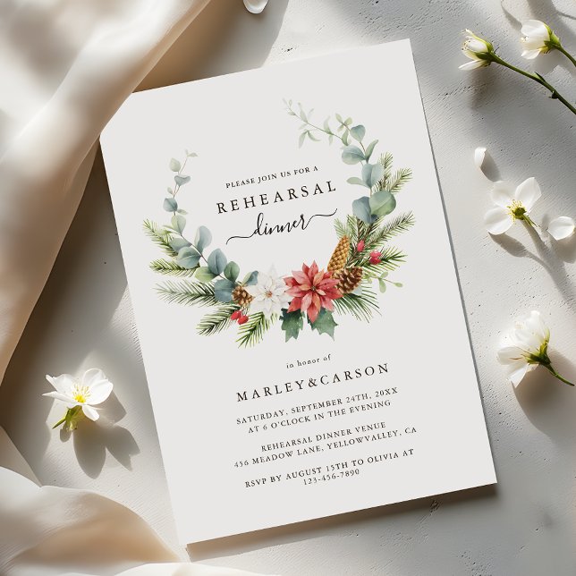 Greenery Wreath Evergreen Wedding Rehearsal Dinner Invitation (Creator Uploaded)