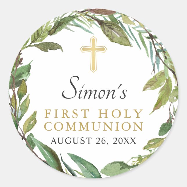 Greenery Wreath First Holy Communion Thank You Classic Round Sticker (Front)