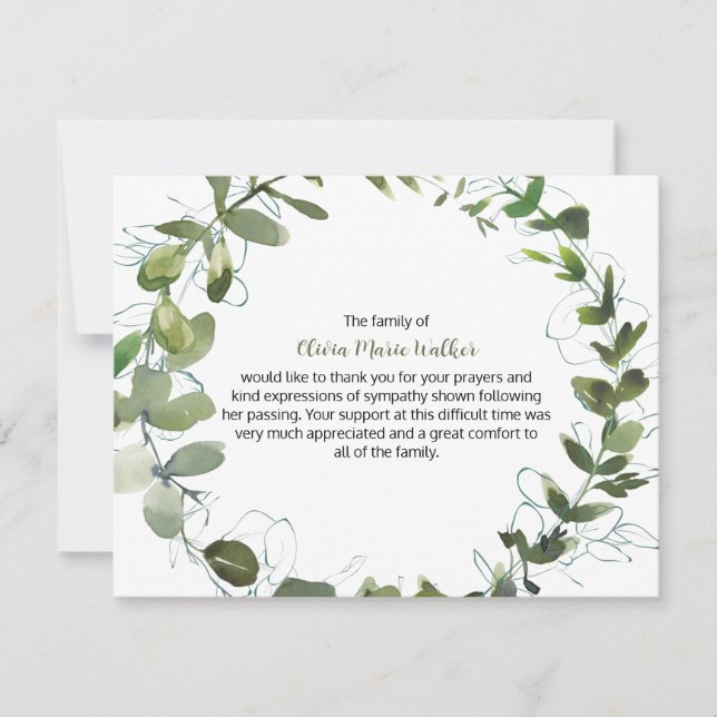 Greenery Wreath Funeral Script Thank You Note Card (Front)