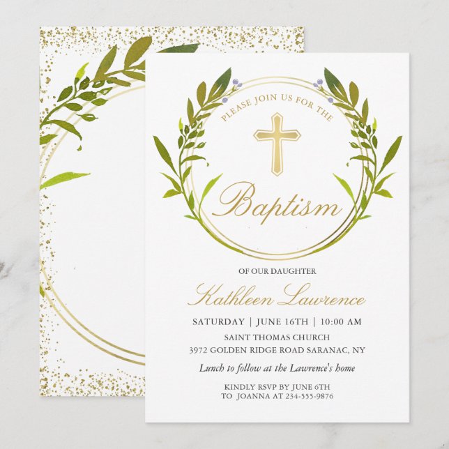 Greenery Wreath Gold Cross Girl Baptism Invitation (Front/Back)