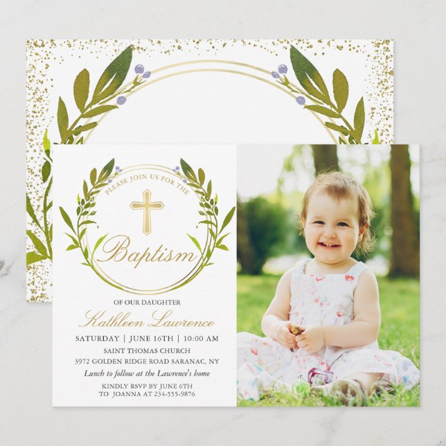Greenery Wreath Gold Cross Girl Baptism Photo Invitation (Front/Back)