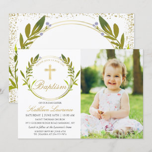 Greenery Wreath Gold Cross Girl Baptism Photo Invitation