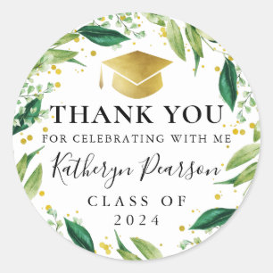 Greenery Wreath Gold Glitter Graduation Thank You Classic Round Sticker