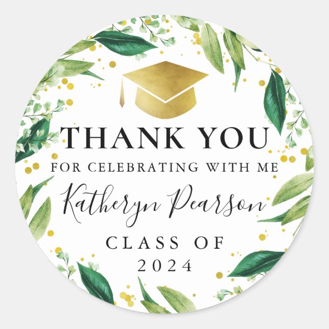 Greenery Wreath Gold Glitter Graduation Thank You  Classic Round Sticker (Front)