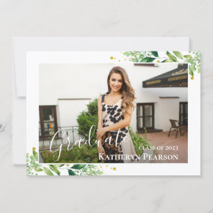 Greenery Wreath Gold Navy Blue 2 Photo Graduation  Invitation