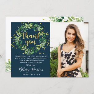 Greenery Wreath Gold Navy Blue Graduation Photo Th Thank You Card