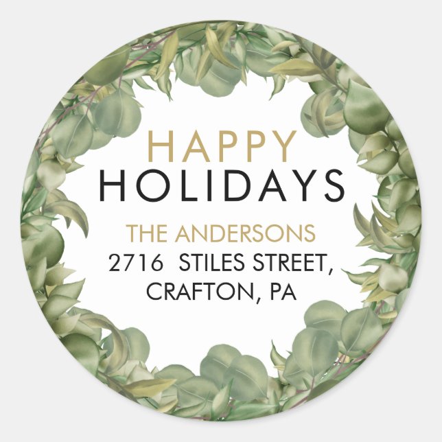 Greenery Wreath Happy Holidays Return Address Classic Round Sticker (Front)