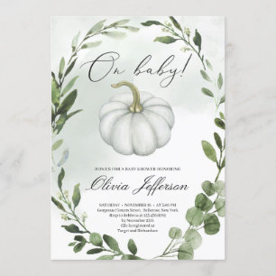 Greenery wreath little pumpkin fall baby shower invitation