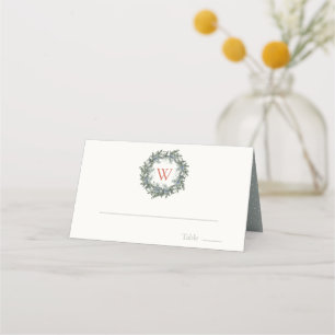 Greenery Wreath Monogram Christmas Holiday Place Card