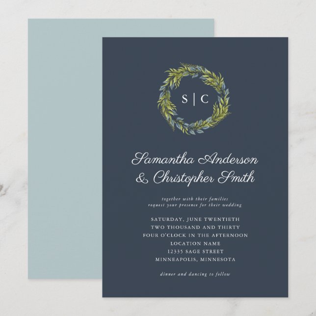 Greenery Wreath Monogram Dark Teal Blue Wedding Invitation (Front/Back)