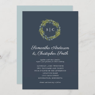 Greenery Wreath Monogram Dark Teal Blue Wedding Invitation