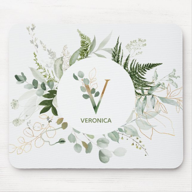 Greenery Wreath Monogram Letter V Mouse Pad (Front)