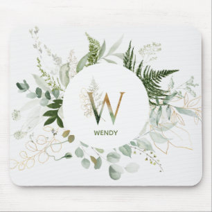 Greenery Wreath Monogram Letter W Mouse Pad