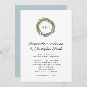 Greenery Wreath Monogram Light Teal Wedding Invitation