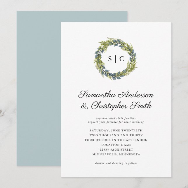 Greenery Wreath Monogram Light Teal Wedding Invitation (Front/Back)