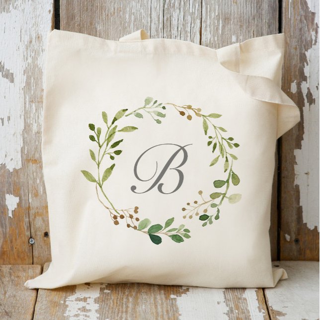 Greenery Wreath Monogram Tote Bag (Creator Uploaded)