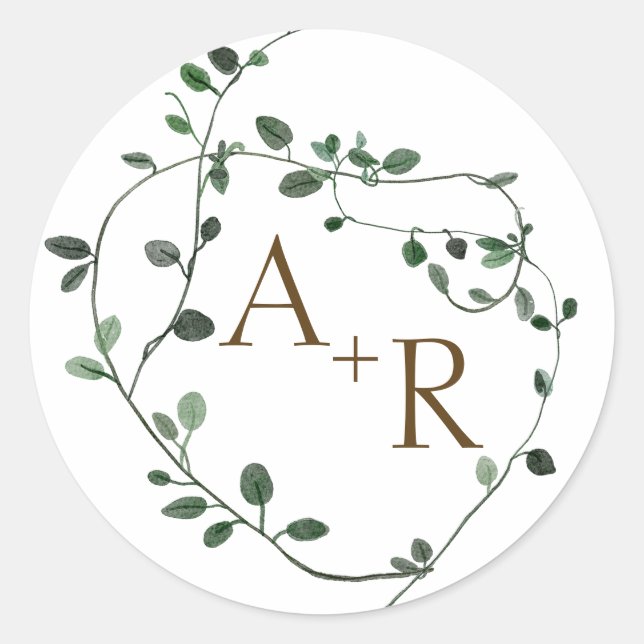 Greenery Wreath Monogram Wedding Classic Round Sticker (Front)