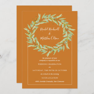 Greenery Wreath on Ochre Wedding Invitation