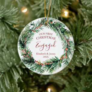 Greenery Wreath Our First Christmas Engaged Ceramic Tree Decoration