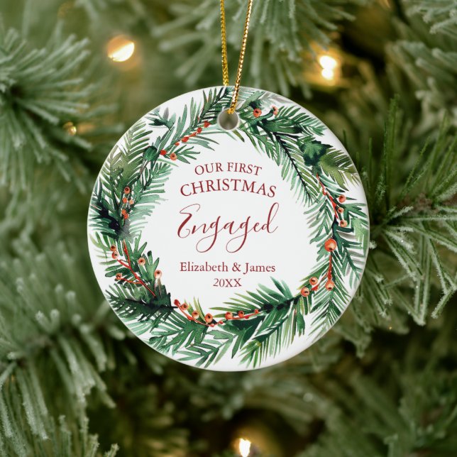 Greenery Wreath Our First Christmas Engaged Ceramic Tree Decoration (Tree)