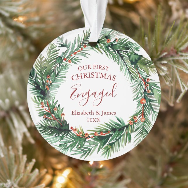 Greenery Wreath Our First Christmas Engaged Photo Ornament (Tree)