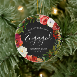 Greenery Wreath Photo First Christmas Engaged Ceramic Tree Decoration