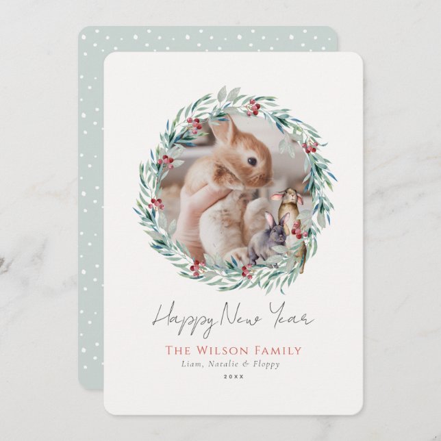 Greenery Wreath Photo New Year Holiday Card (Front/Back)