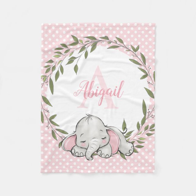 Greenery Wreath Pink Elephant Personalised Girl Fleece Blanket (Front)