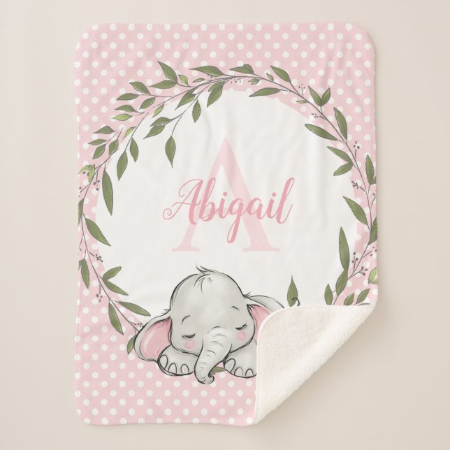 Greenery Wreath Pink Elephant Personalised Girl Sherpa Blanket (Front)