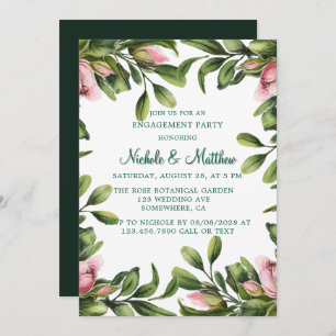 Greenery Wreath Pink Rose Bud Engagement Party Invitation