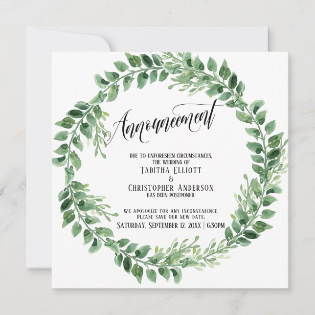 Greenery Wreath Postponed Wedding Announcement (Front)