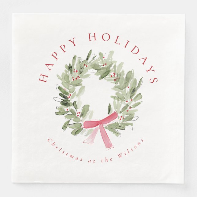 Greenery Wreath & Red Bow Holiday Napkin (Front)
