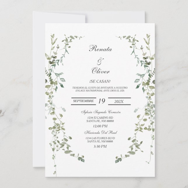 Greenery wreath Spanish Wedding Invitation (Front)