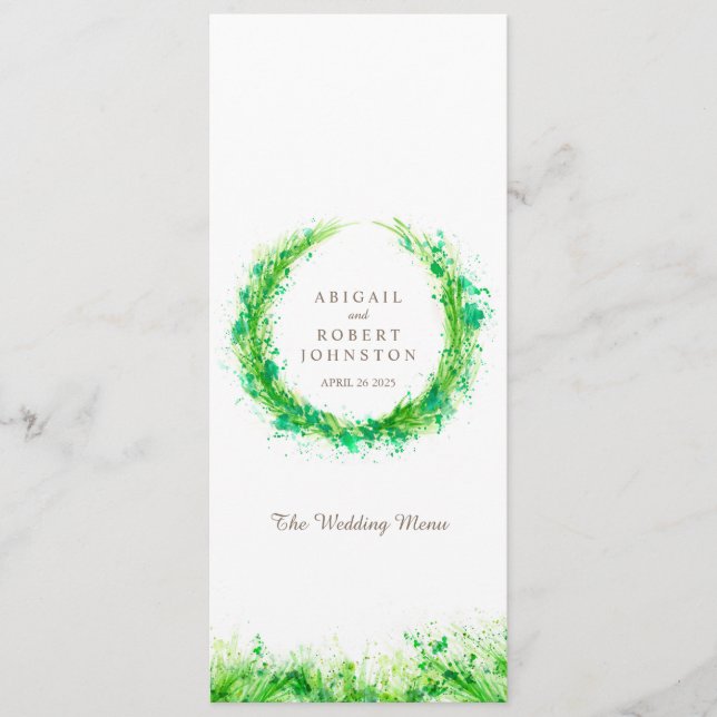 Greenery wreath watercolor art wedding menu (Front)