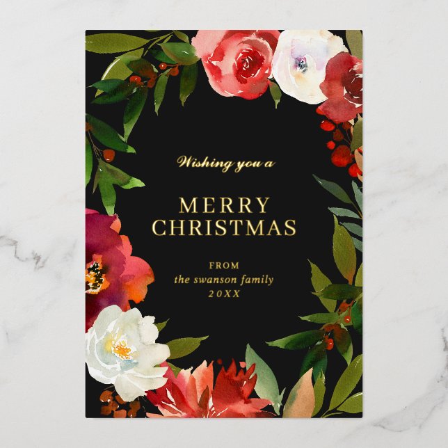 Greenery Wreath Watercolor Black Gold Christmas Foil Holiday Card (Front)