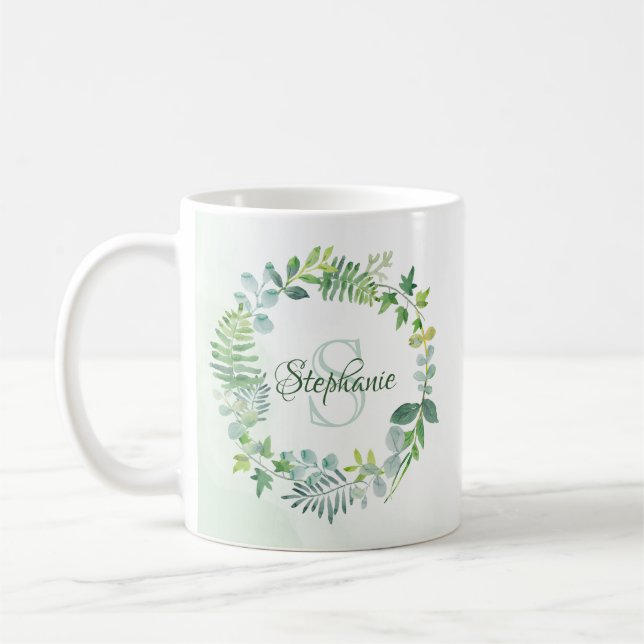 Greenery Wreath Watercolor Monogram Name Coffee Mug (Left)