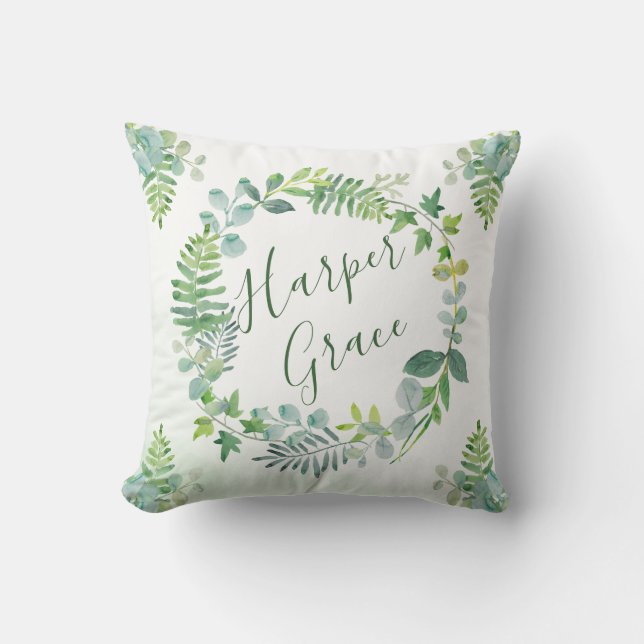 Greenery Wreath Watercolor Personalised Name Cushion (Front)