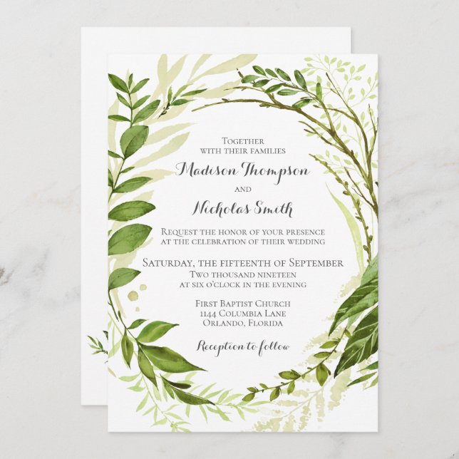 Greenery Wreath Wedding Invitation Cards (Front/Back)
