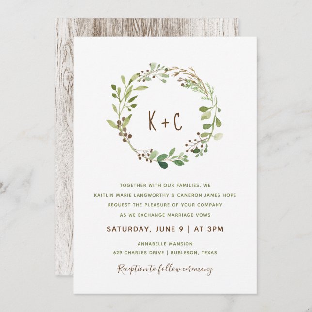 Greenery Wreath Wedding Invitations - Brown (Front/Back)